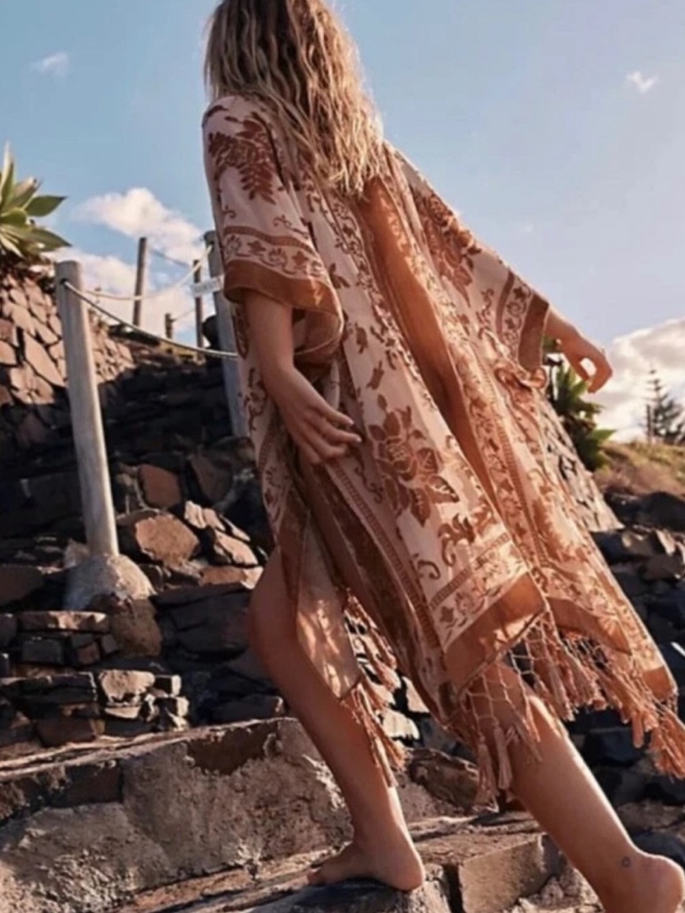 Free People Pink & Olive Velvet Kimono Coverup with Fringe